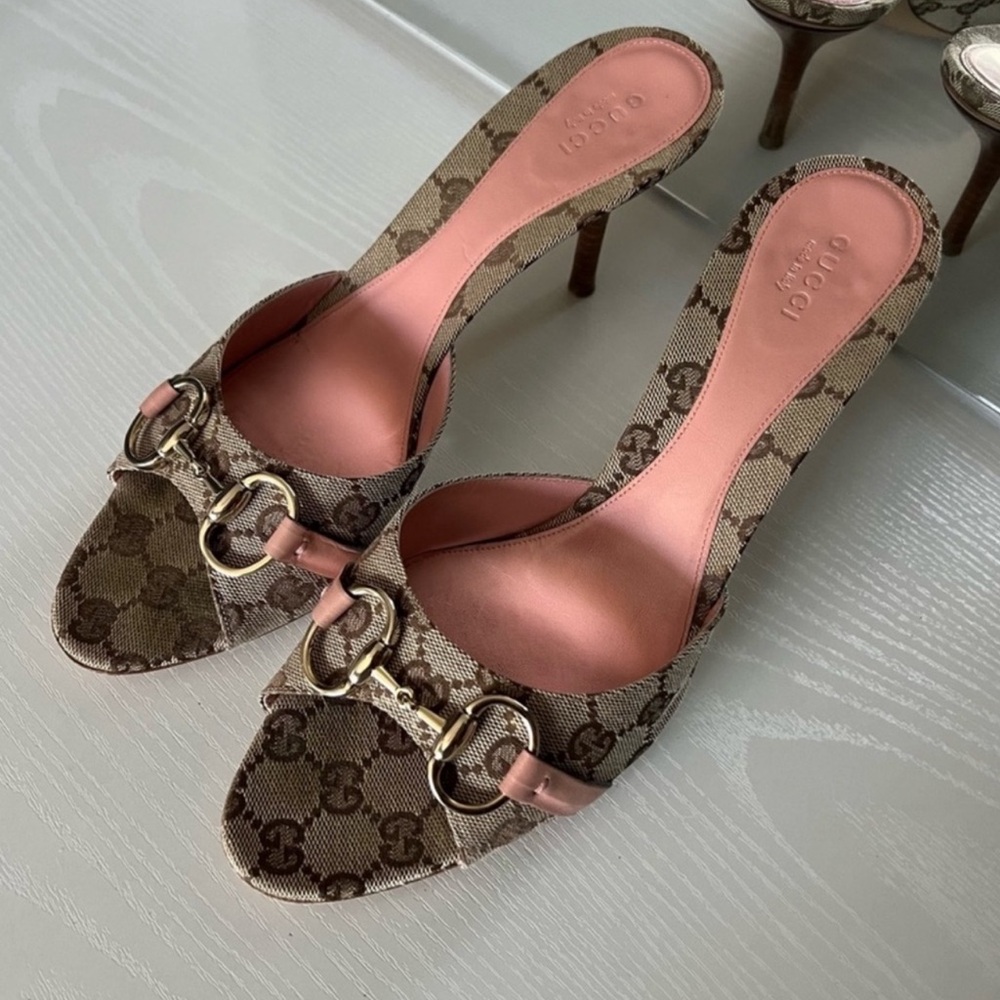 Gucci Pink and Brown Monogram Heels
